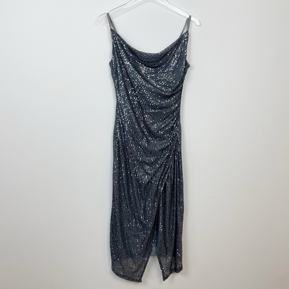 Laundry by Shelli Segal Sequin Cowl Neck Slip Midi Dress Gunmetal Size 6 Silver